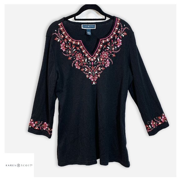 Karen Scott Long Sleeves Embroidered Jersey Top - Picture 3 of 4